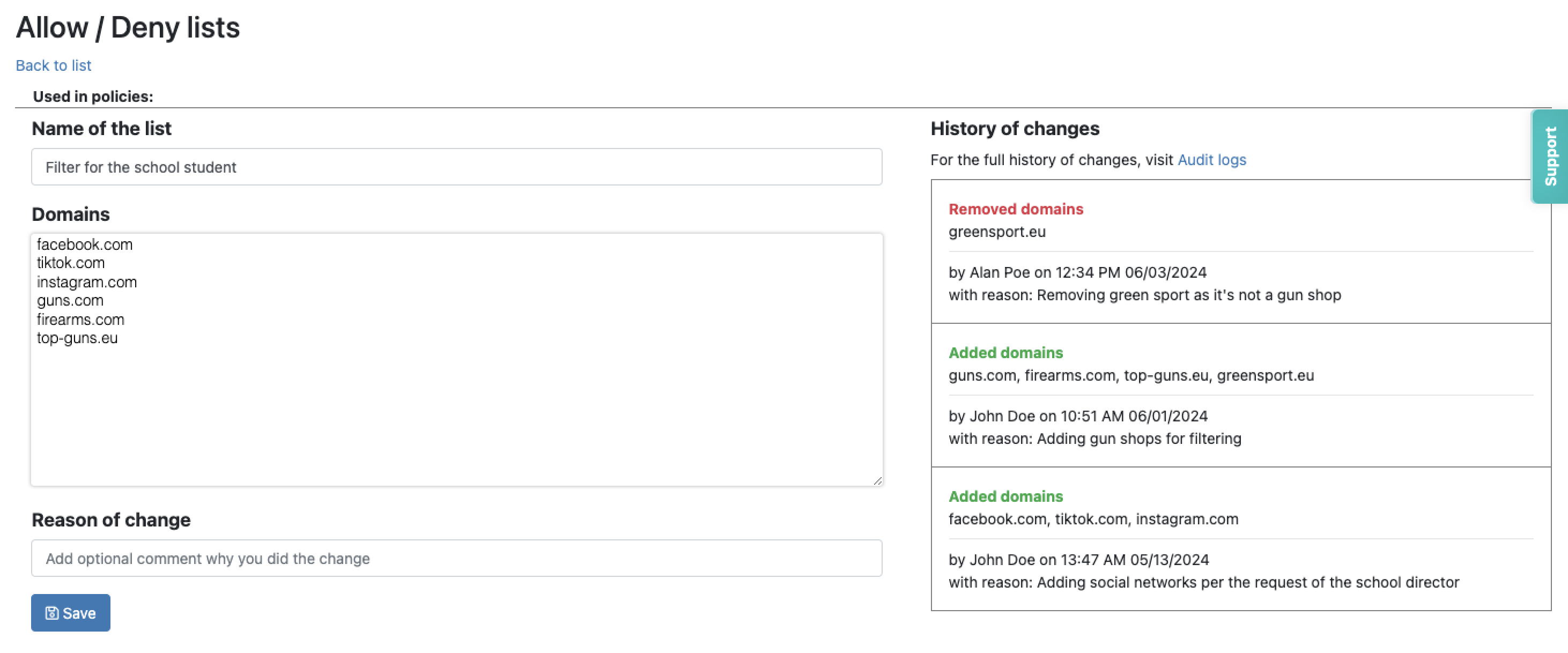 History of changes in Allow _ Deny lists